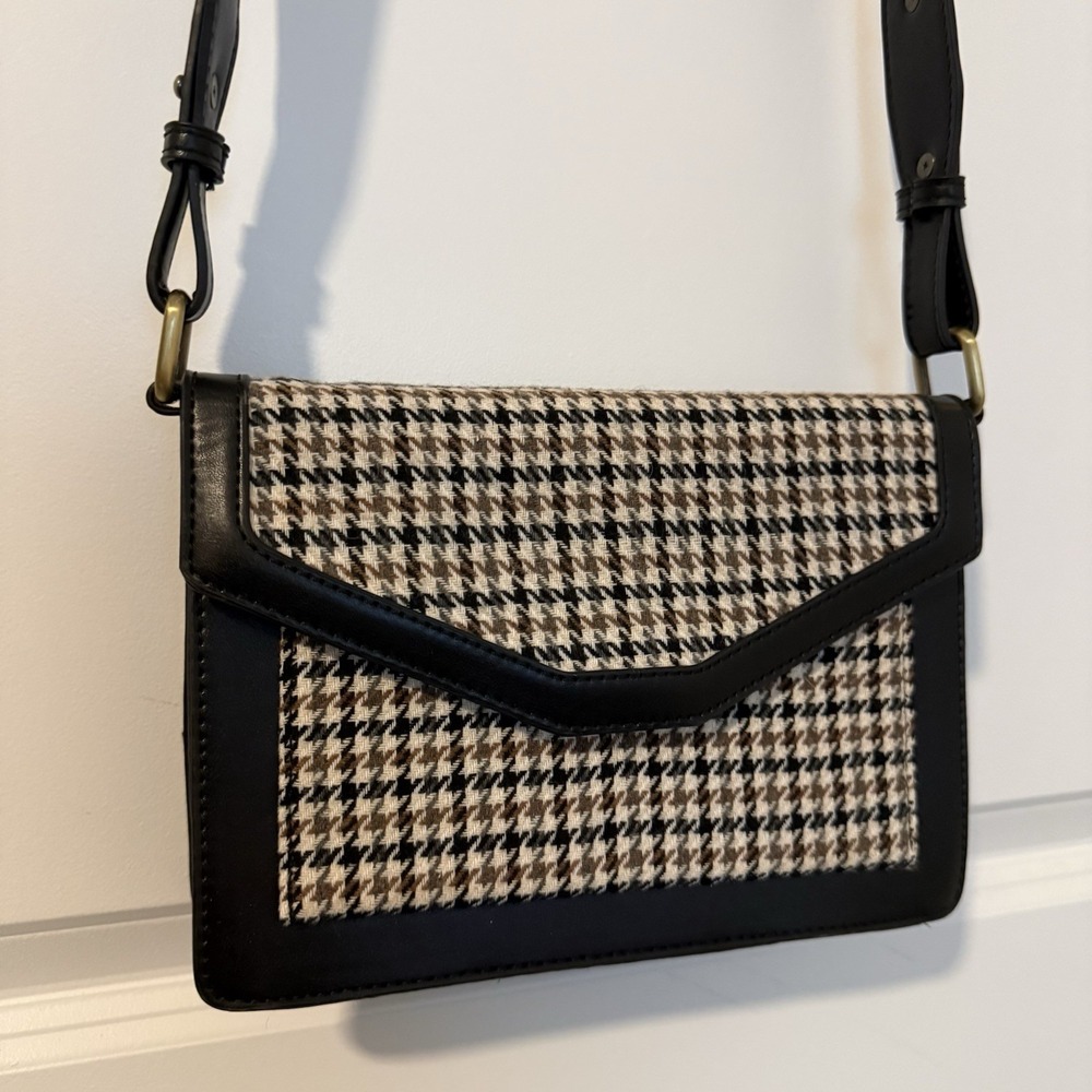 Antik Kraft Black & Brown Houndstooth Crossbody Shoulder Bag Flip Top Fall Purse